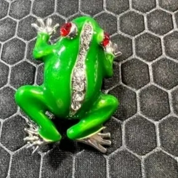 Venice By The Sea Jewelry Jewelry - Frog Brooch Green and Red with Crystals 18K White Gold Plated